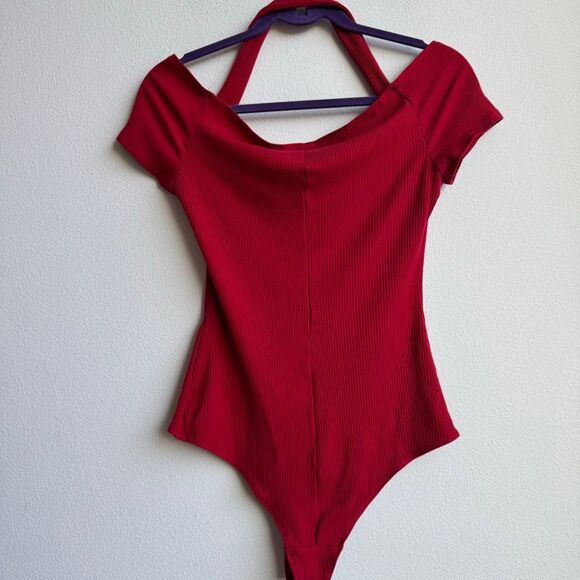 Reformation Mia Halter Neck Off The Shoulder Short Sleeve Red Bodysuit Large - Picture 4 of 6